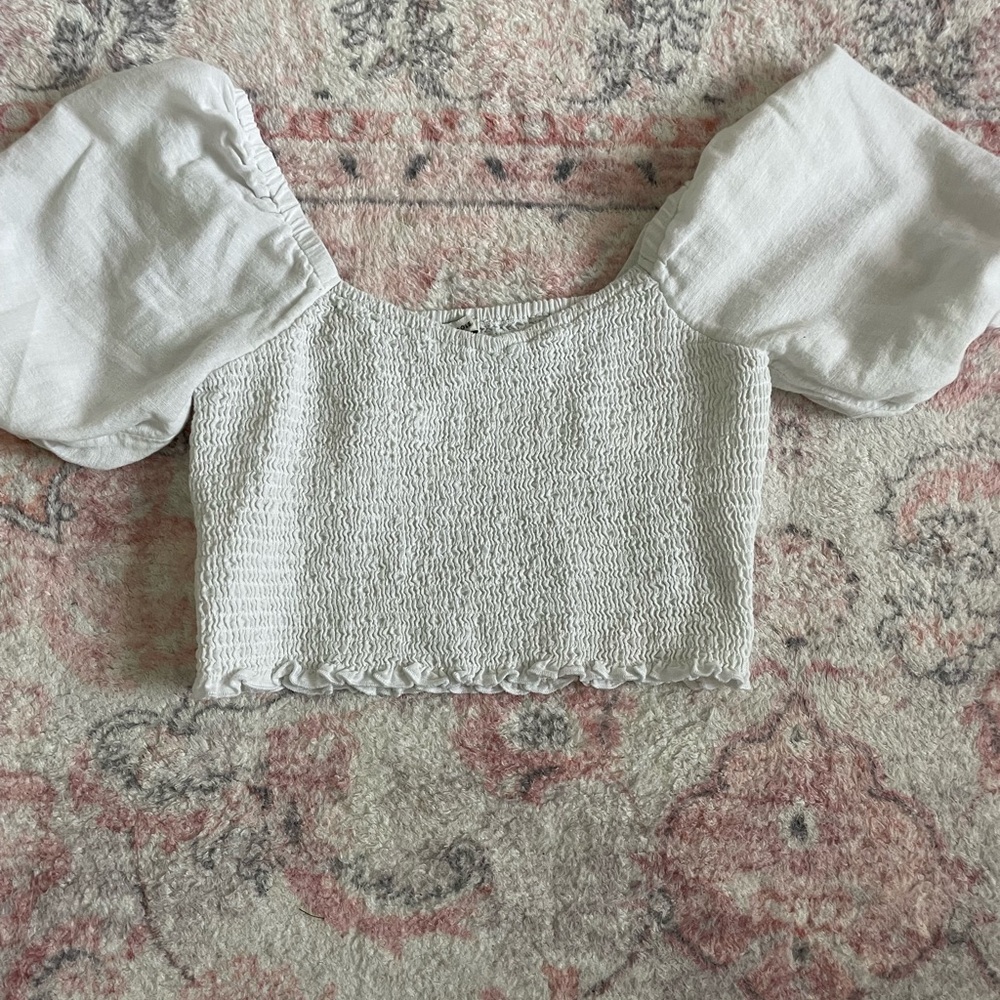 Justify White Puff Sleeve Smocked Crop Blouse